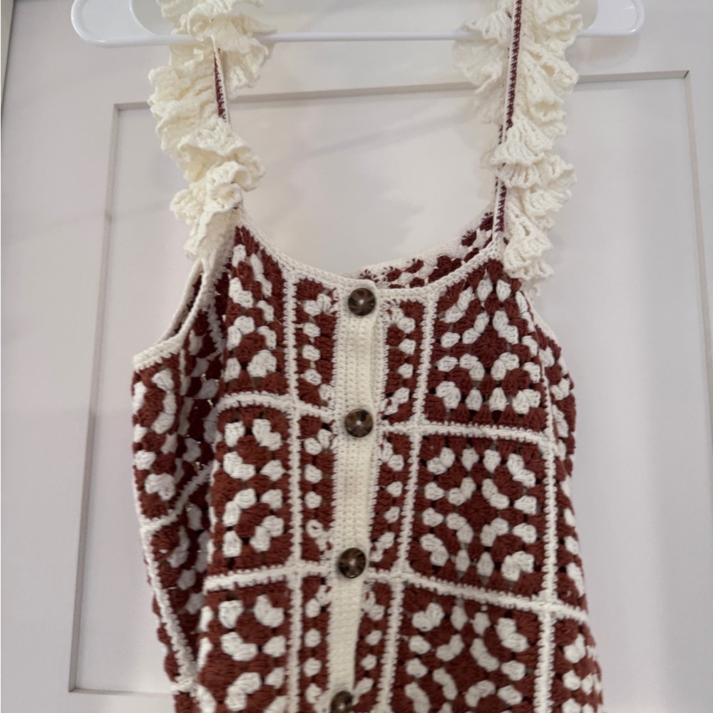 Marine Layer Brown and Cream Crochet Button-Front Tank